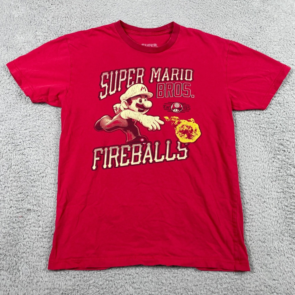 Super Mario Bros Fireballs T-Shirt Mens Small Red Nintendo 85 Tee